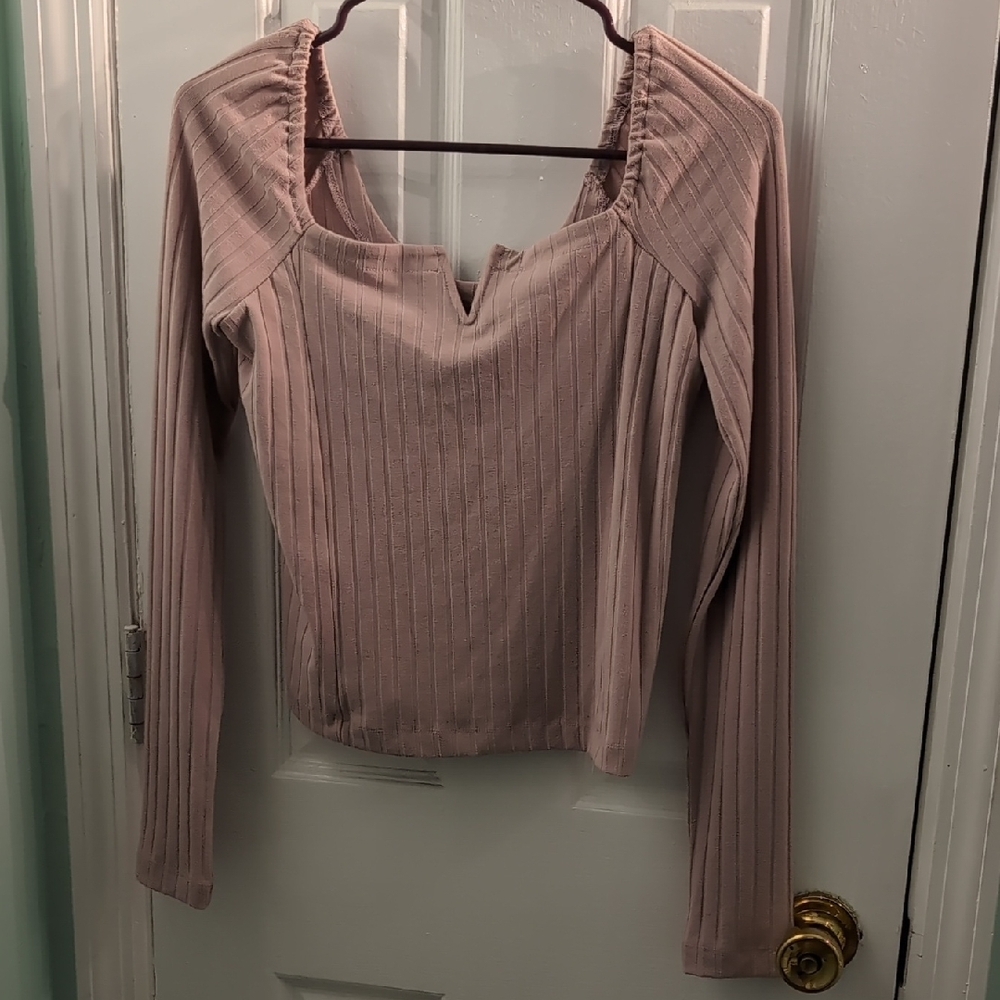 Free People Dusty Pink Ribbed Long Sleeve Top with V-Notch Neckline
